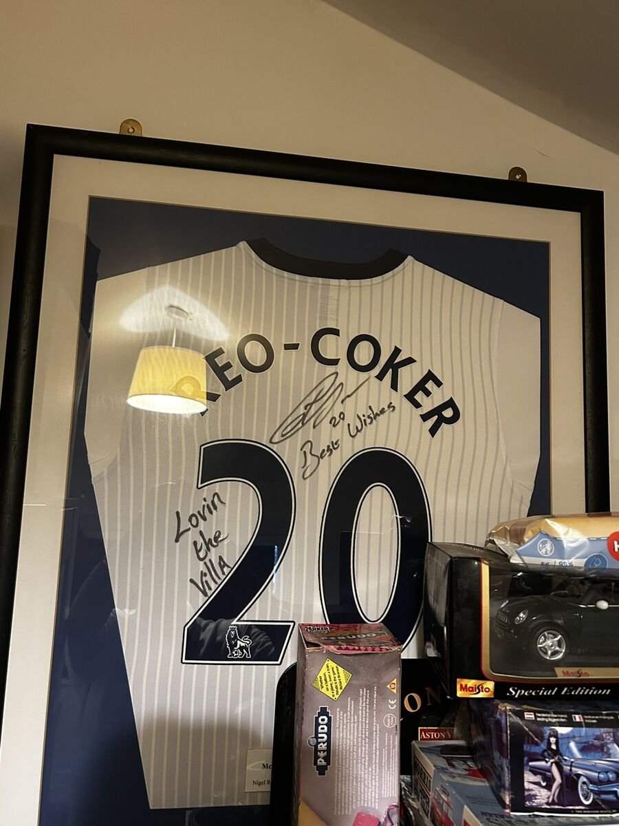 2007/08 Away - white/sky-blue pinstripe framed signed shirt